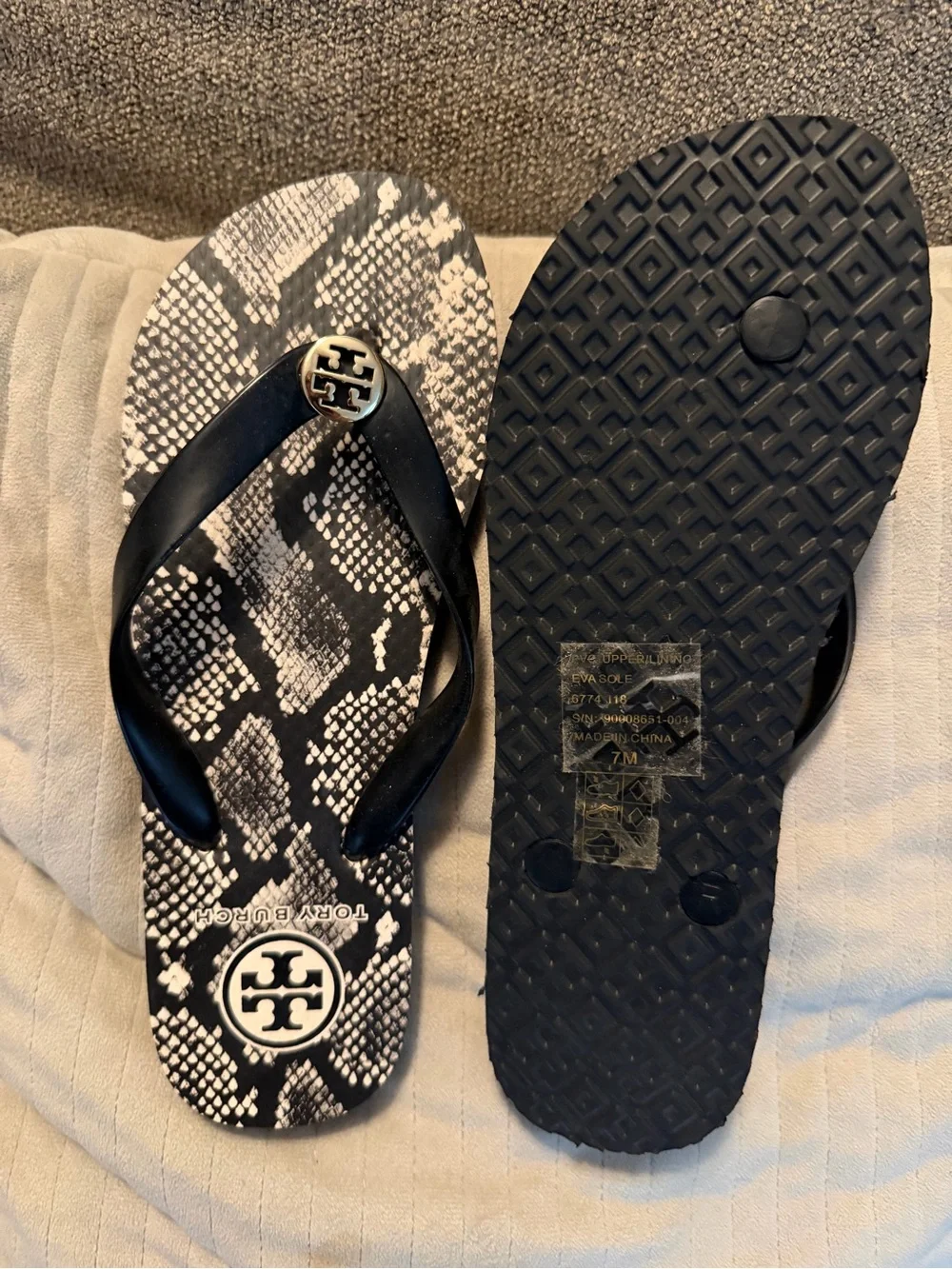 Tory Burch Black & White Snake-Print Logo Flip Flop Sandals